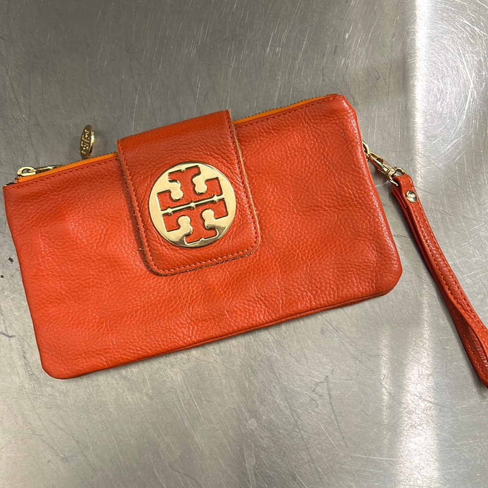 Tory Burch orange leather clutch three pocket purse wallet wrist strap gold